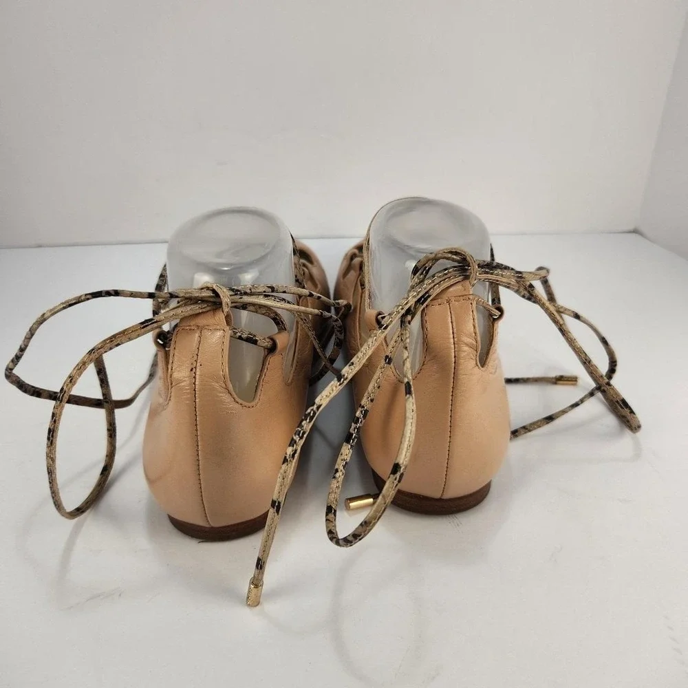 Coach Women's 8.5B Tan Leather Pointed Toe Lace-Up Ballet Flats Ankle Wrap